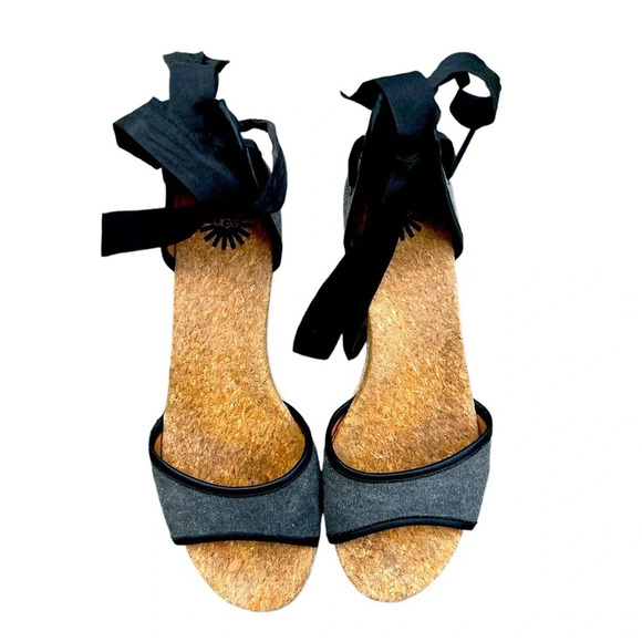 UGG Australia Amell Open Toe Canvas Lace Up Jute Wedge, Dark Gray/Black, Size 8 - Picture 1 of 7